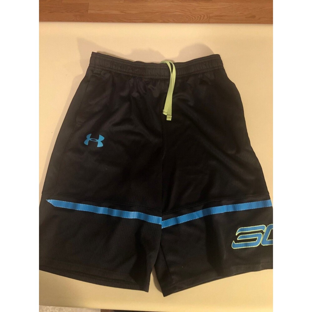 Under‎ Armour HEATGEAR Drawstring Shorts Youth Large Black w/Blue  Loose Fit